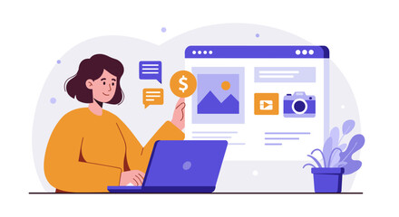 Poster - Online shopping concept vector illustration: woman with laptop and e-commerce window in flat design