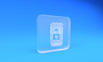 Poster - Frosted glass Smartphone with closed padlock icon isolated on blue background. Phone with lock. Mobile security, safety, protection concept. Square frosted glass button. 3D render illustration