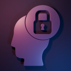 Poster - Purple Human head with lock icon isolated on purple-blue background. Minimalism concept. 3D render illustration