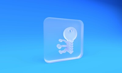 Poster - Frosted glass Cryptocurrency key icon isolated on blue background. Concept of cyber security or private key, digital key with technology interface. Square frosted glass button. 3D render illustration