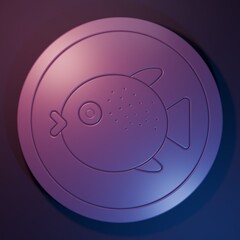 Poster - Purple Puffer fish on a plate icon isolated on purple-blue background. Fugu fish japanese puffer fish. Minimalism concept. 3D render illustration