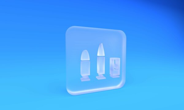 Frosted glass Bullet and cartridge icon isolated on blue background. Square frosted glass button. 3D render illustration
