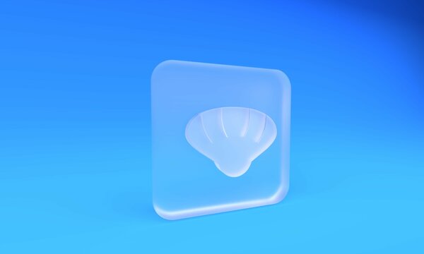 Frosted glass Scallop sea shell icon isolated on blue background. Seashell sign. Square frosted glass button. 3D render illustration
