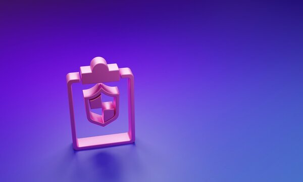 Pink Document with shield icon isolated on purple-blue background. Insurance concept. Security, safety, protection, protect concept. Minimalism concept. 3D render illustration