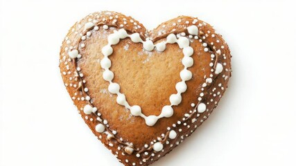 Poster - A heart-shaped cookie with white icing on a white surface
