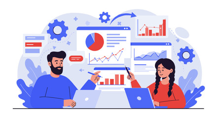 Poster - Business data analysis vector illustration in flat style for teamwork and presentation design