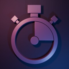 Poster - Purple Stopwatch icon isolated on purple-blue background. Time timer sign. Chronometer sign. Minimalism concept. 3D render illustration