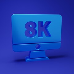 Poster - Blue Computer PC monitor display with 8k video technology icon isolated on blue background. Minimalism concept. 3D render illustration