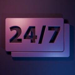 Poster - Purple Clock 24 hours icon isolated on purple-blue background. All day cyclic icon. 24 hours service symbol. Minimalism concept. 3D render illustration