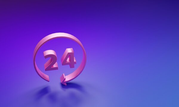 Pink Clock 24 hours icon isolated on purple-blue background. All day cyclic icon. 24 hours service symbol. Minimalism concept. 3D render illustration