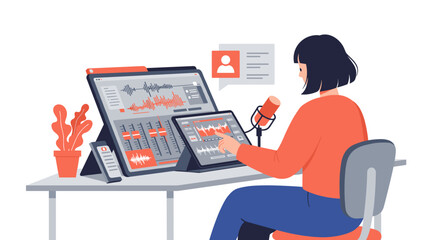 Poster - Podcast recording setup vector illustration with microphone and sound editing tools