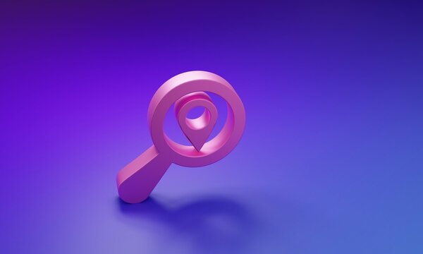 Pink Search location icon isolated on purple-blue background. Magnifying glass with pointer sign. Minimalism concept. 3D render illustration