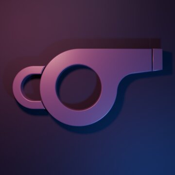 Purple Whistle icon isolated on purple-blue background. Referee symbol. Fitness and sport sign. Minimalism concept. 3D render illustration