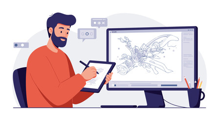 Poster - Creative digital art process vector illustration: man drawing on tablet with monitor in modern workspace for art design