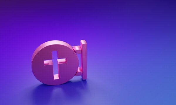 Pink Christian cross icon isolated on purple-blue background. Church cross. Minimalism concept. 3D render illustration