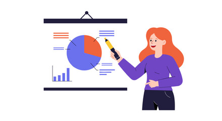 Poster - Business presentation vector illustration with woman explaining statistics in a flat design for business reports