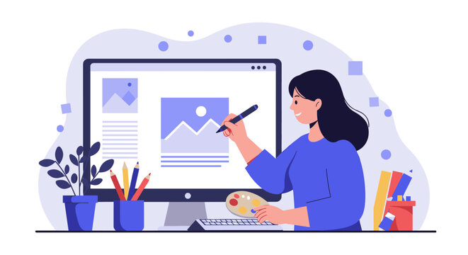 Creative design process with digital tools and art elements for web development in flat vector illustration