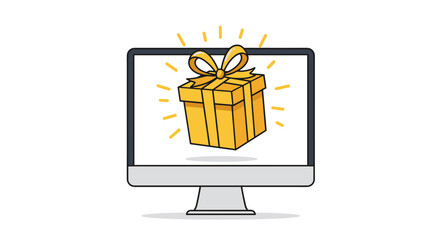 Fototapete - Gift box on computer screen vector illustration for holiday digital greeting design in flat style
