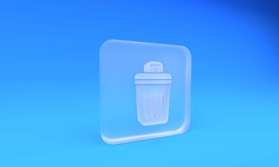 Poster - Frosted glass Trash can icon isolated on blue background. Garbage bin sign. Recycle basket icon. Office trash icon. Square frosted glass button. 3D render illustration