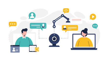 Fototapete - Remote communication and collaboration vector illustration for digital work and online meetings