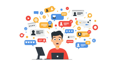 Poster - Social media interaction overload vector illustration for digital communication design