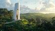 © Yura - Modern white tower in lush green landscape with soft sunlight
