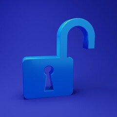 Poster - Blue Open padlock icon isolated on blue background. Opened lock sign. Cyber security concept. Digital data protection. Safety safety. Minimalism concept. 3D render illustration