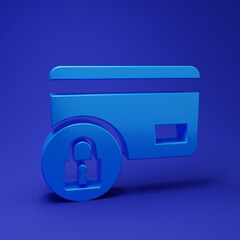 Poster - Blue Credit card with lock icon isolated on blue background. Locked bank card. Security, safety, protection concept. Concept of a safe payment. Minimalism concept. 3D render illustration