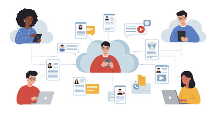 Poster - Collaborative work and communication in digital cloud environment vector illustration