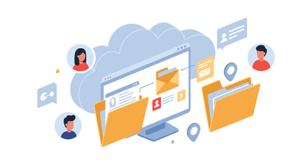 Fototapete - Cloud-based file sharing and communication network vector illustration for digital workflow design