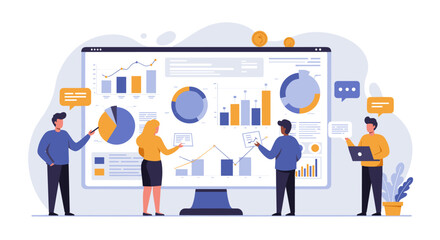 Poster - Business data analysis concept with people interacting with graphs and charts vector illustration for marketing design