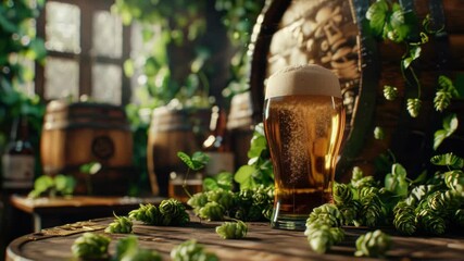 Poster - A glass of beer sits on a wooden table, ready for a cold drink