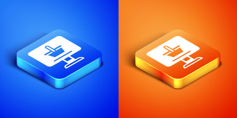 Poster - Isometric Shopping cart on screen computer icon isolated on blue and orange background. Concept e-commerce, e-business, online business marketing. Square button. Vector
