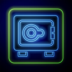 Aufkleber - Glowing neon Safe icon isolated on blue background. The door safe a bank vault with a combination lock. Reliable Data Protection. Vector