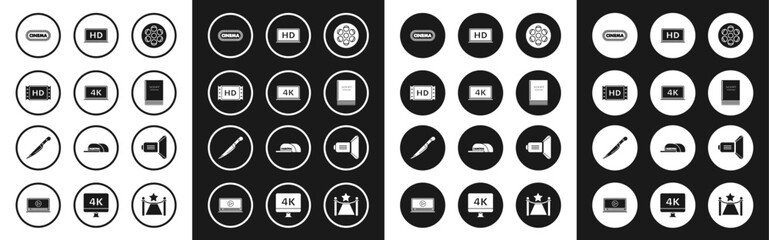 Poster - Set Film reel, Laptop screen with 4k video technology, movie, tape, frame, Cinema poster design template, Scenario, HD, Movie spotlight and Knife icon. Vector
