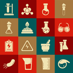 Poster - Set Test tube and flask chemical, Laboratory glasses, Alcohol spirit burner, on stand and icon. Vector