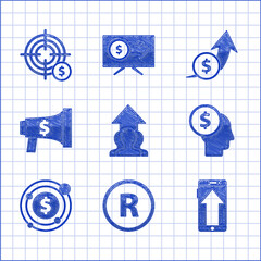 Poster - Set Growth chart and progress in people crowd, Registered Trademark, Smartphone, mobile phone, Business man planning mind, Target with dollar symbol, Megaphone, Financial growth coin and icon. Vector