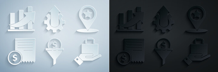 Poster - Set Lead management, Map pointer with star, Paper check and financial check, Hand paper shopping bag, Arrow growth gear business and Financial coin icon. Vector