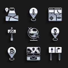Poster - Set Earth globe, Monitor with location marker, Road traffic sign, Alcohol beer bar, Infographic of city map and Location mountain icon. Vector