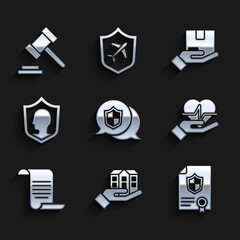 Poster - Set Location shield, House in hand, Contract with, Life insurance, Document, Delivery and Judge gavel icon. Vector
