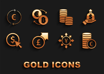 Poster - Set Financial growth and pound, Hand holding money bag, Coin with euro symbol, Yen, dollar, and Cryptocurrency exchange icon. Vector