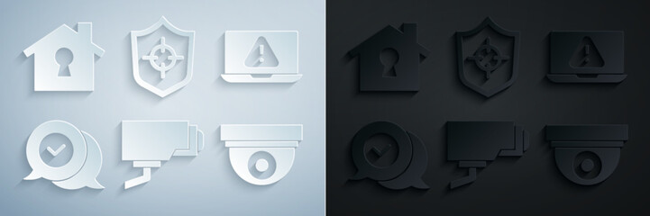 Poster - Set Security camera, Laptop with exclamation mark, Check in speech bubble, Shield and House under protection icon. Vector