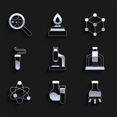 Poster - Set Microscope, Test tube, Atom, Molecule and Microorganisms under magnifier icon. Vector