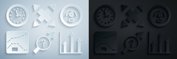 Poster - Set Arrow, Digital speed meter, Graph, chart, diagram, Pie infographic, Many ways directional arrow and Clock icon. Vector