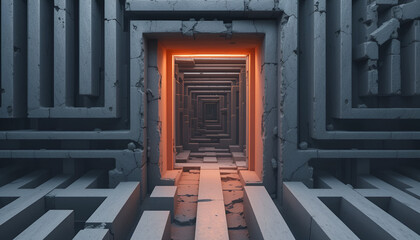 Poster - A labyrinthine structure of concrete corridors with a glowing orange doorway beckons exploration and puzzles, revealing an intriguing architecture.
