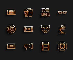 Poster - Set line Laptop screen with HD video technology, Megaphone, Buy cinema ticket online, Play Video, Movie spotlight, 4k movie, tape, frame, Table lamp and Comedy theatrical mask icon. Vector