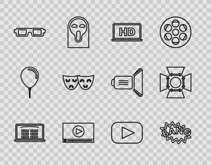 Poster - Set line Buy cinema ticket online, Laptop screen with HD video technology, Online play, 3D glasses, Comedy and tragedy theatrical masks, Play and Movie spotlight icon. Vector
