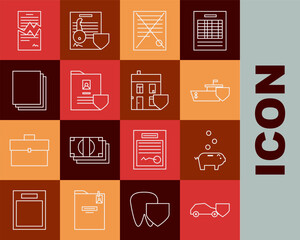 Fototapete - Set line Car with shield, Piggy bank coin, Ship, Delete file document, Document, Clean paper, Torn contract and House icon. Vector