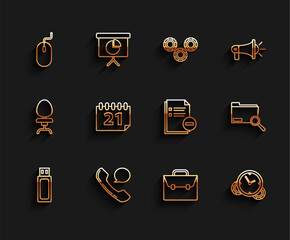 Poster - Set line USB flash drive, Telephone handset and speech bubble chat, Computer mouse, Briefcase, Time Management, Calendar, Search concept with folder and Document minus icon. Vector