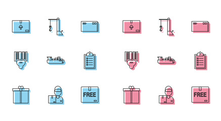Poster - Set line Gift box, Cardboard traffic symbol, free, Cargo ship delivery service, Verification of list clipboard, Scanner scanning bar code and Harbor port crane icon. Vector